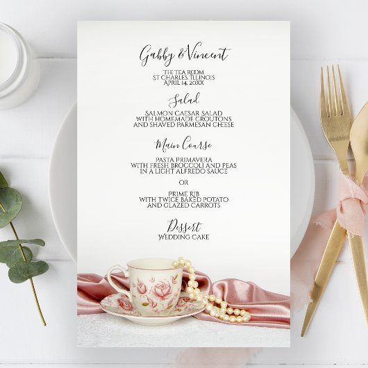 Pink Floral Tea Cup met Pearls Wedding Menu