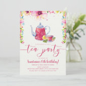 Pink Floral Tea Party Birthday Kaart (Staand voorkant)