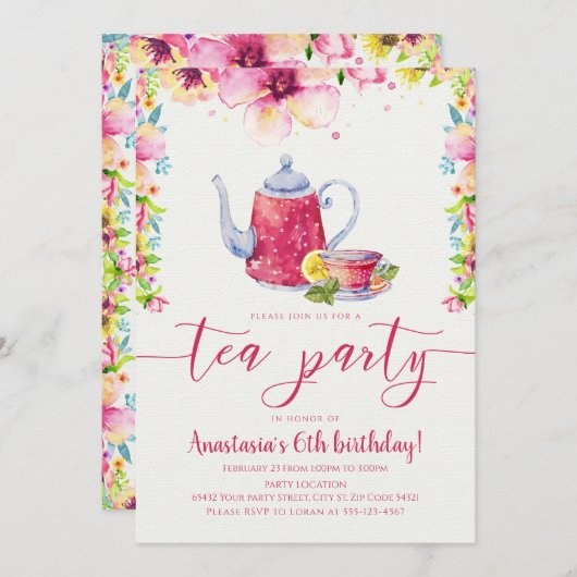 Pink Floral Tea Party Birthday Kaart (Voorkant / Achterkant)