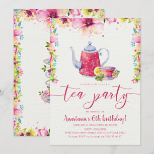 Pink Floral Tea Party Birthday Kaart