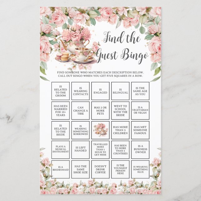Pink Floral Tea Party Bridal Find the Guest Bingo (Voorkant)