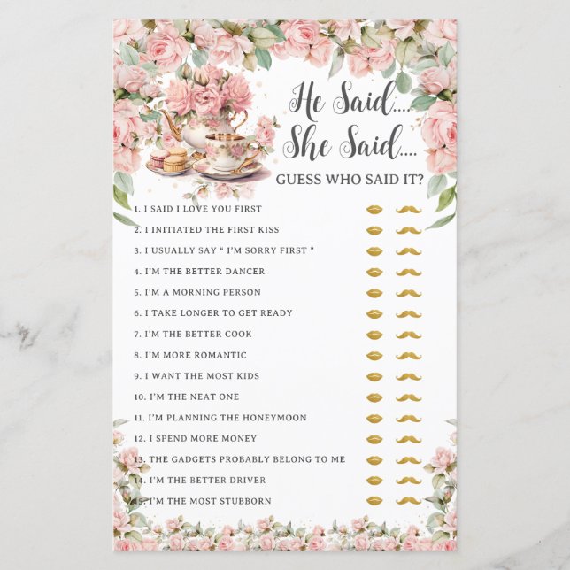 Pink Floral Tea Party He Said She Said Bridal Game (Voorkant)