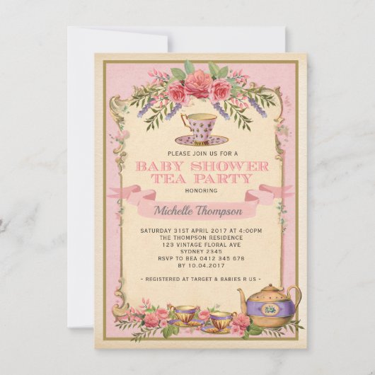 Pink Floral  Tea Party Invite Shabby Chic Kaart (Voorkant)