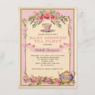Pink Floral  Tea Party Invite Shabby Chic Kaart