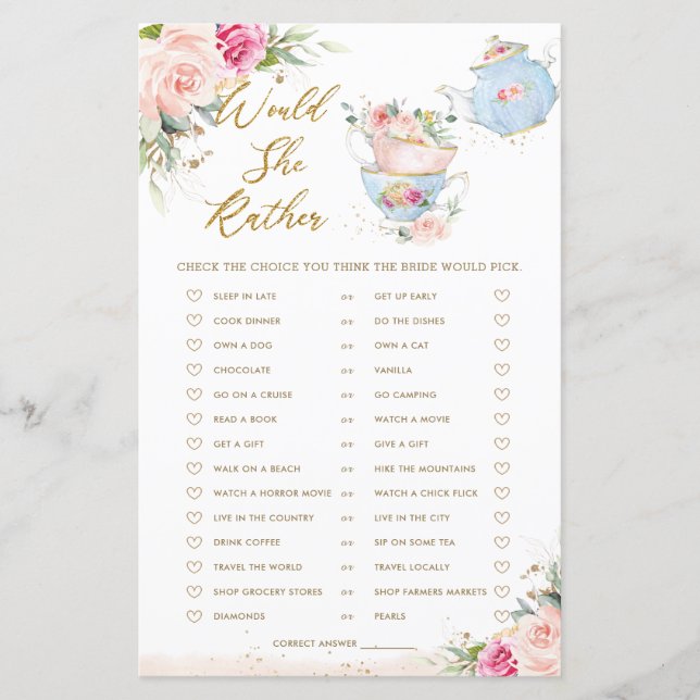 Pink Floral Tea Party wil ze liever een bruidsspel (Voorkant)