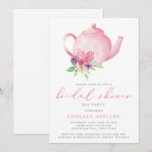 Pink Floral Teapot Vrijgezellenfeest Tea Party Kaart (Voorkant / Achterkant)