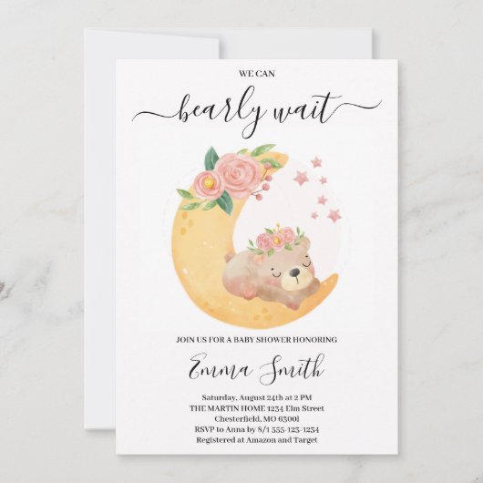 Pink Floral Teddy Bear Baby shower Invitation Kaart (Voorkant)