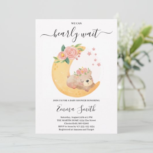 Pink Floral Teddy Bear Baby shower Invitation Kaart (Staand voorkant)
