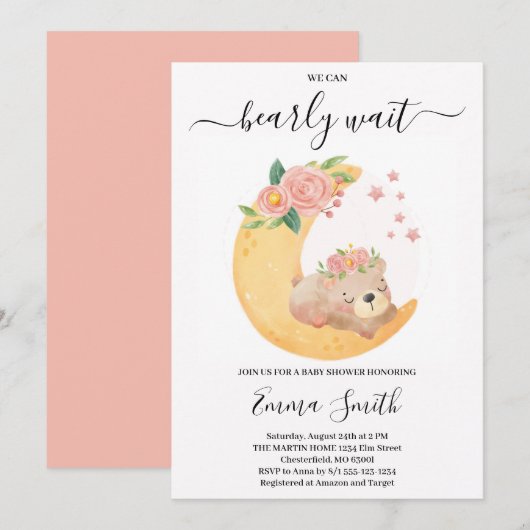Pink Floral Teddy Bear Baby shower Invitation Kaart (Voorkant / Achterkant)
