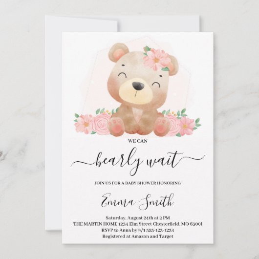 Pink Floral Teddy Bear Baby shower Invitation Kaart (Voorkant)