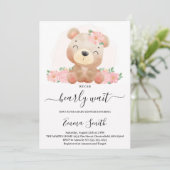 Pink Floral Teddy Bear Baby shower Invitation Kaart (Staand voorkant)