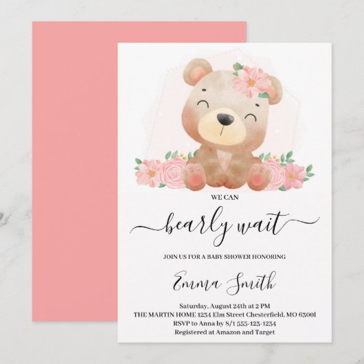 Pink Floral Teddy Bear Baby shower Invitation Kaart (Voorkant / Achterkant)