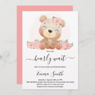 Pink Floral Teddy Bear Baby shower Invitation Kaart