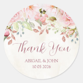 Pink Floral Thank You Spring Wedding Favor Tag Ronde Sticker