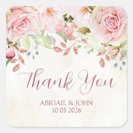 Pink Floral Thank You Spring Wedding Favor Tag Vierkante Sticker