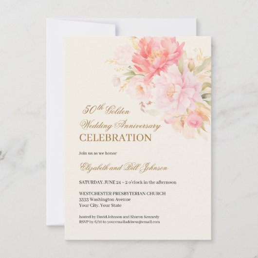 Pink Floral Theme Gold 50th Wedding Anniversary Kaart (Voorkant)