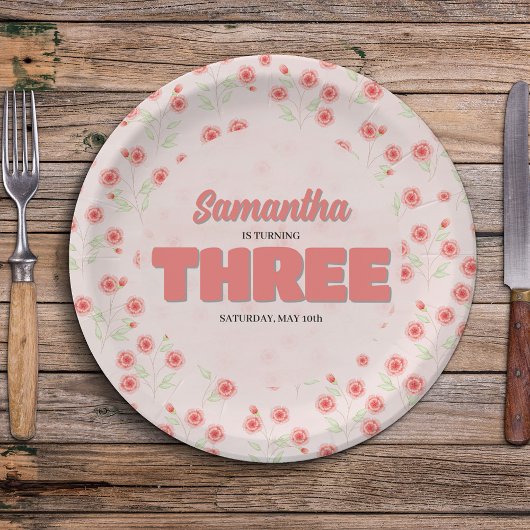Pink Floral Third Birthday Girl Party Custom Papieren Bordje