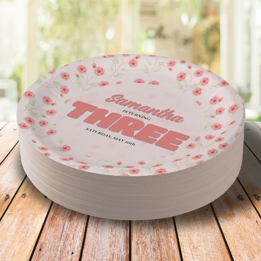 Pink Floral Third Birthday Girl Party Custom Papieren Bordje