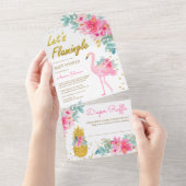Pink Floral Tropical Flamingo Luau Baby shower All In One Uitnodiging (Afscheurbaar)