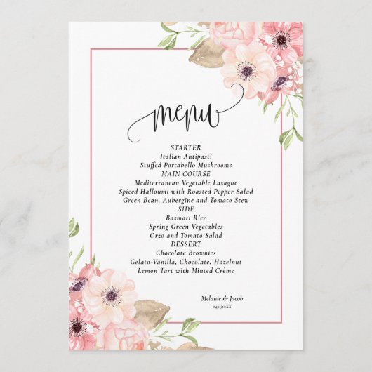 Pink Floral trouwmenu Menu (Voorkant)