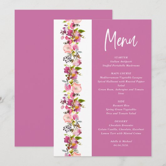 Pink Floral trouwmenu Menu (Voorkant / Achterkant)