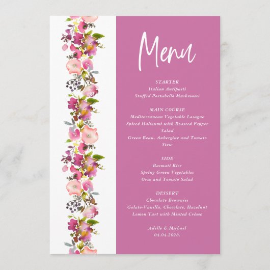Pink Floral trouwmenu Menu (Voorkant)