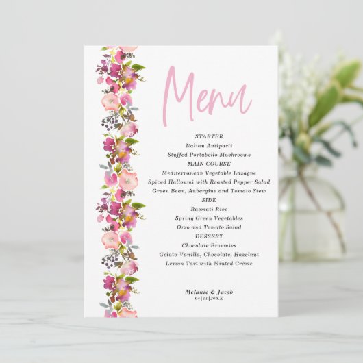 Pink Floral trouwmenu Menu (Staand voorkant)