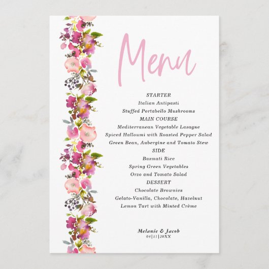 Pink Floral trouwmenu Menu (Voorkant)