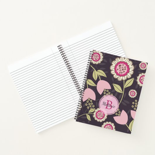 Pink Floral Tulip Pattern Monogram Notitieboek (Binnen)