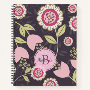 Pink Floral Tulip Pattern Monogram Notitieboek