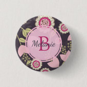 Pink Floral Tulip Pattern Monogram Ronde Button 3,2 Cm (Voorkant)