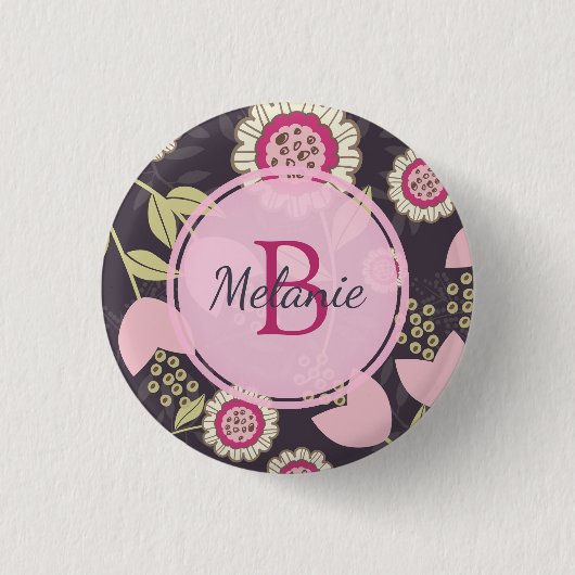 Pink Floral Tulip Pattern Monogram Ronde Button 3,2 Cm (Voorkant)
