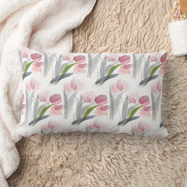 Pink Floral Tulips Sage Green Leaves White Kussen (Deken)