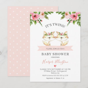 Pink Floral Twin Girls Fox Baby shower Invitation Kaart