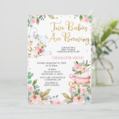 Pink Floral Twins Baby is het brouwen van Baby sho Kaart (Staand voorkant)