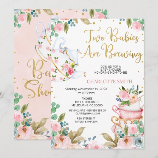 Pink Floral Twins Baby is het brouwen van Baby sho Kaart (Voorkant / Achterkant)