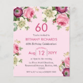 Pink Floral | Uitnodiging 60e verjaardag (Voorkant)