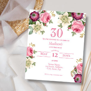 Pink Floral   Uitnodiging voor 30e verjaardag