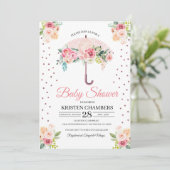 Pink Floral Umbrella Baby shower Invitation Kaart (Staand voorkant)