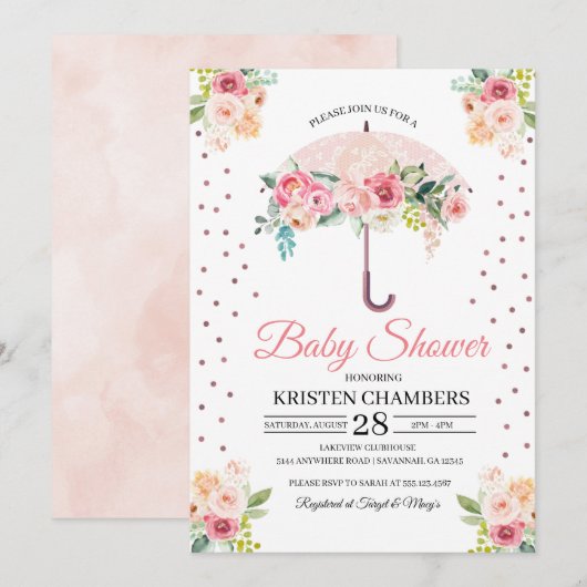 Pink Floral Umbrella Baby shower Invitation Kaart (Voorkant / Achterkant)
