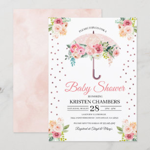 Pink Floral Umbrella Baby shower Invitation Kaart