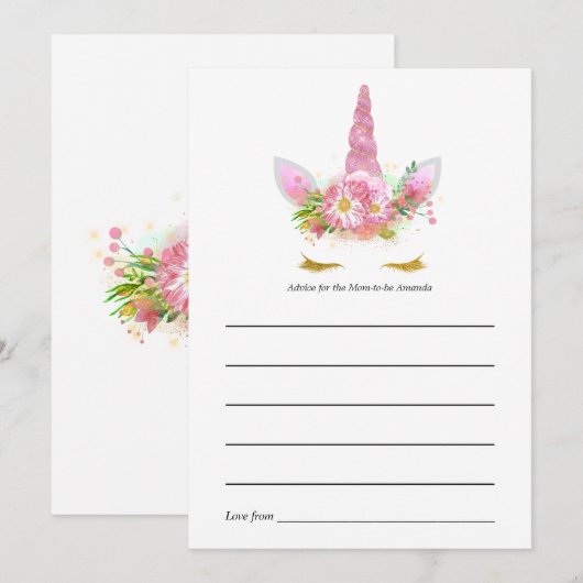 Pink Floral Unicorn Baby shower Advice Kaart (Voorkant / Achterkant)