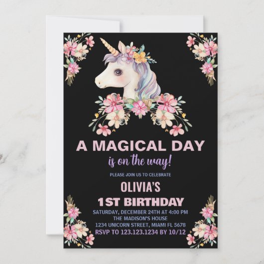 Pink Floral Unicorn Birthday Invitations Kaart (Voorkant)