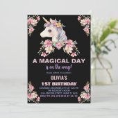 Pink Floral Unicorn Birthday Invitations Kaart (Staand voorkant)