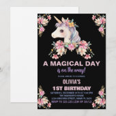 Pink Floral Unicorn Birthday Invitations Kaart (Voorkant / Achterkant)