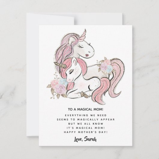 Pink Floral Unicorn Moederdag Kaart (Voorkant)