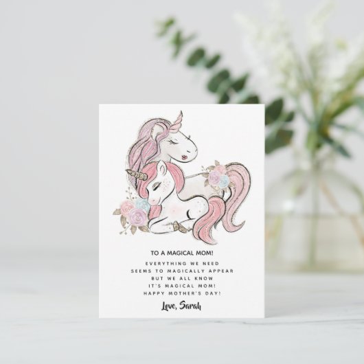 Pink Floral Unicorn Moederdag Kaart (Staand voorkant)