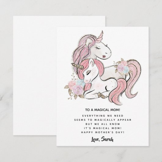 Pink Floral Unicorn Moederdag Kaart (Voorkant / Achterkant)