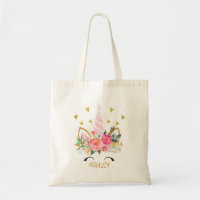 Pink Floral Unicorn Personalized Canvas tas