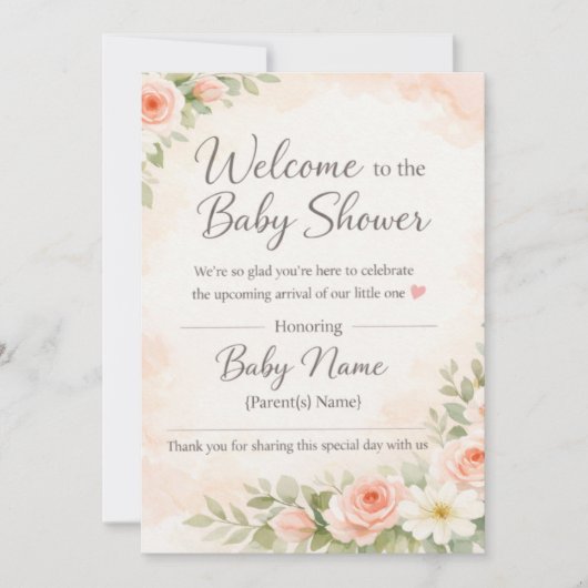 Pink Floral Watercolor Baby Shower Welcome Sign –  Kaart (Voorkant)